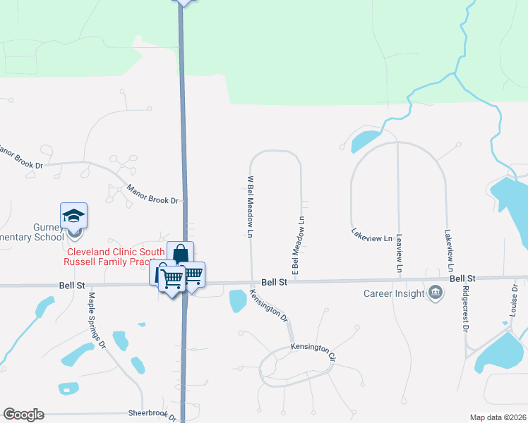 map of restaurants, bars, coffee shops, grocery stores, and more near 34 West Bel Meadow Lane in Chagrin Falls