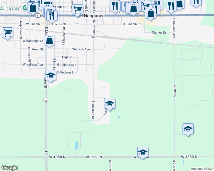 map of restaurants, bars, coffee shops, grocery stores, and more near 212 Stonewall Court in Nappanee