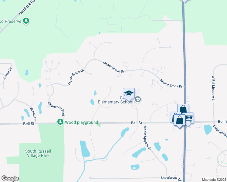 map of restaurants, bars, coffee shops, grocery stores, and more near 114 Waverly Lane in Chagrin Falls