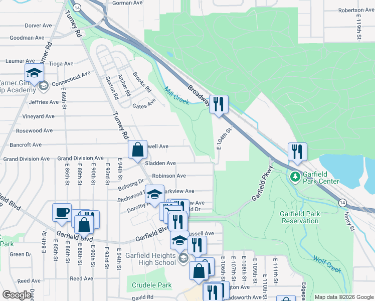 map of restaurants, bars, coffee shops, grocery stores, and more near 4576 Joliet Road in Cleveland