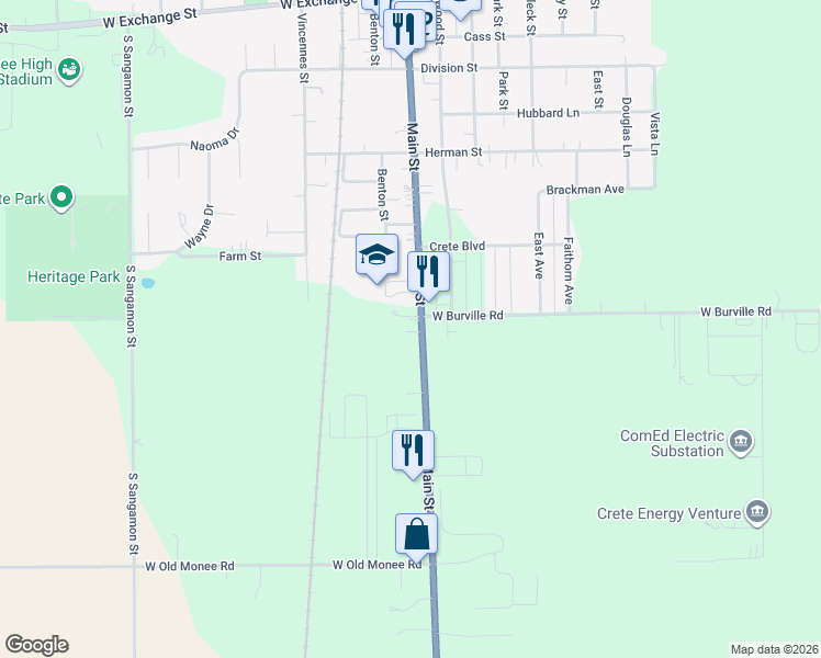 map of restaurants, bars, coffee shops, grocery stores, and more near 1640 Main Street in Crete