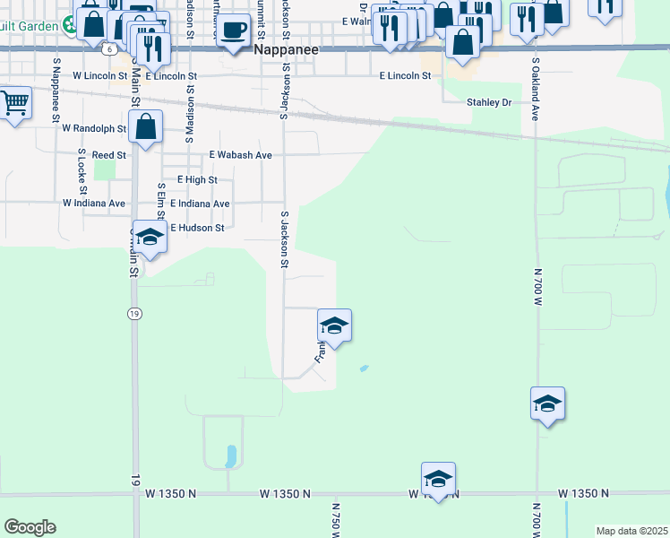 map of restaurants, bars, coffee shops, grocery stores, and more near 217 Stonewall Court in Nappanee