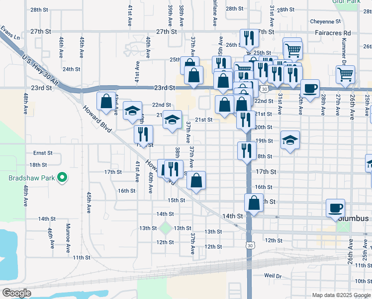 map of restaurants, bars, coffee shops, grocery stores, and more near 1801-1835 38th Avenue in Columbus