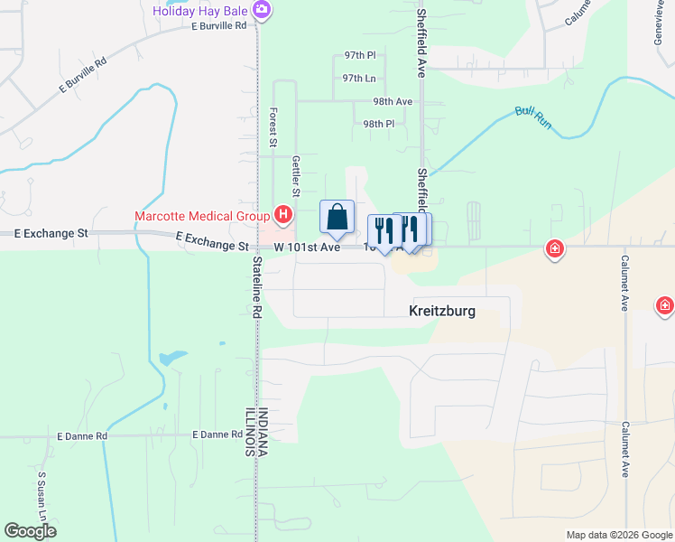 map of restaurants, bars, coffee shops, grocery stores, and more near 15517 West 101st Place in Dyer