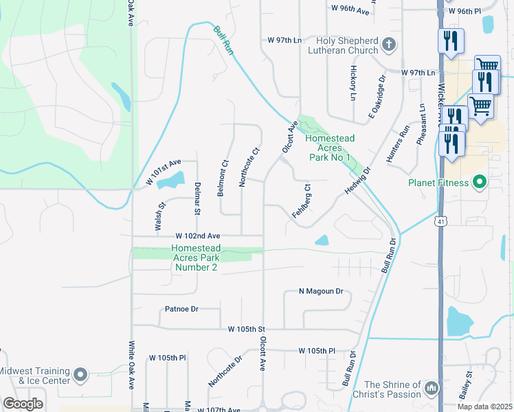 map of restaurants, bars, coffee shops, grocery stores, and more near 10154 Olcott Ave in St John