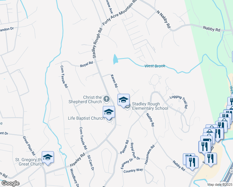 map of restaurants, bars, coffee shops, grocery stores, and more near 19 Karen Road in Danbury