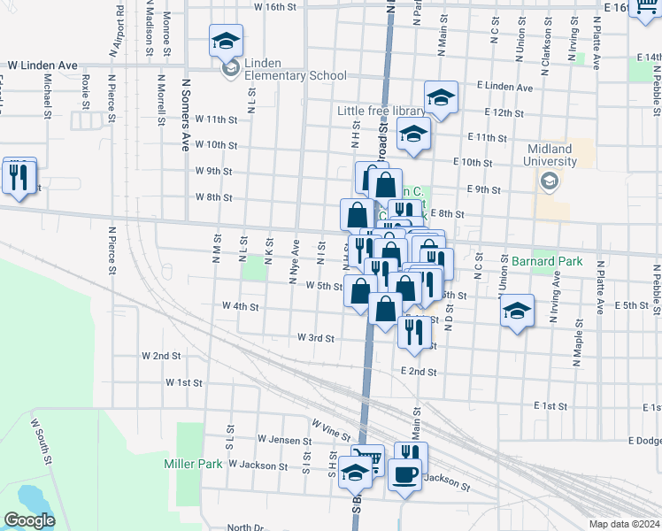 map of restaurants, bars, coffee shops, grocery stores, and more near 522 North I Street in Fremont
