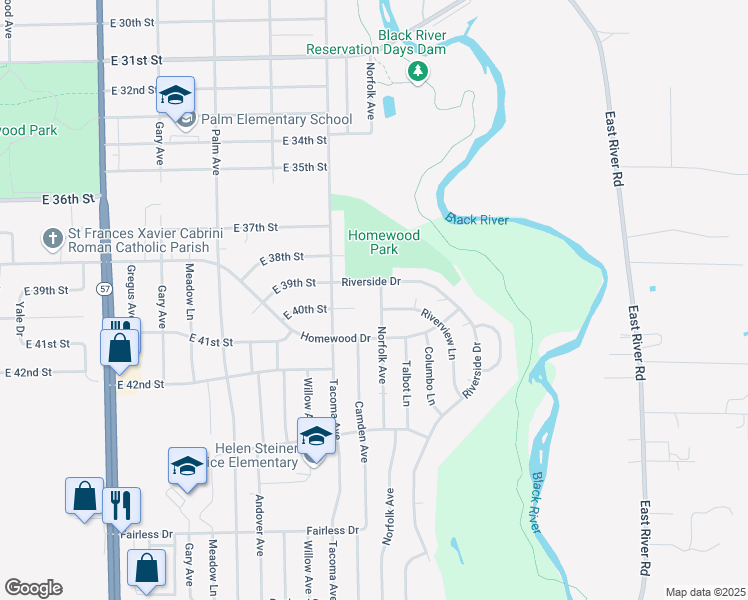 map of restaurants, bars, coffee shops, grocery stores, and more near 3914 Norfolk Avenue in Lorain