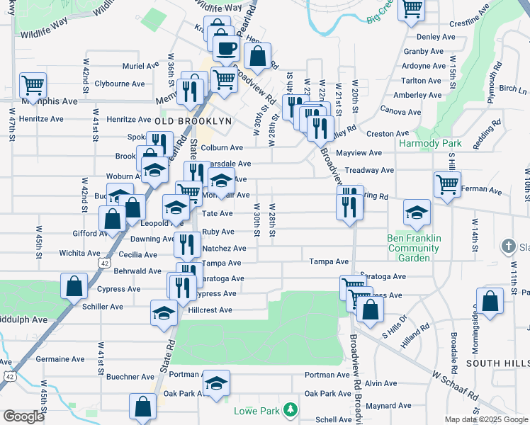 map of restaurants, bars, coffee shops, grocery stores, and more near 2713 Tate Avenue in Cleveland