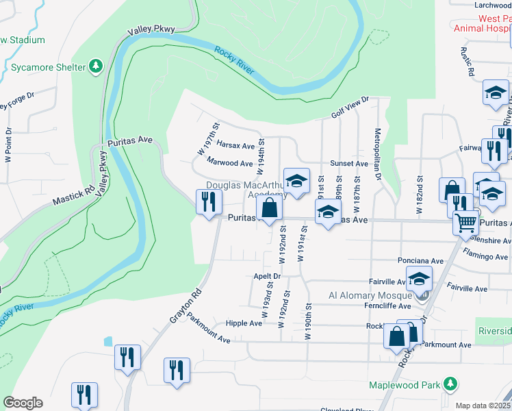 map of restaurants, bars, coffee shops, grocery stores, and more near 19310 Puritas Avenue in Cleveland