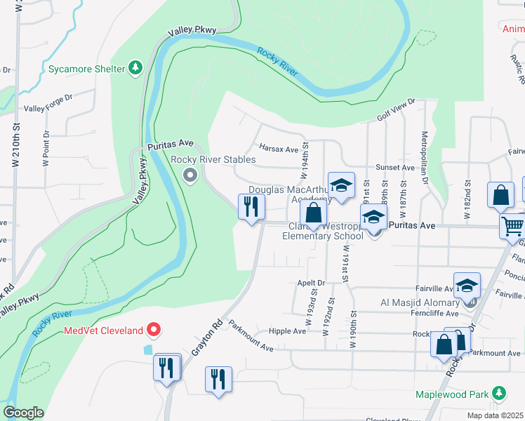 map of restaurants, bars, coffee shops, grocery stores, and more near 19640 Puritas Avenue in Cleveland