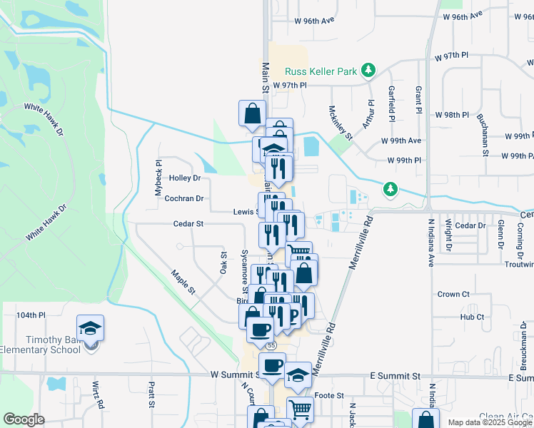 map of restaurants, bars, coffee shops, grocery stores, and more near 1396 Indiana 55 in Crown Point