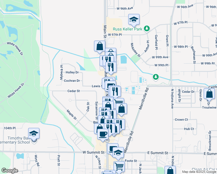 map of restaurants, bars, coffee shops, grocery stores, and more near 1396 Indiana 55 in Crown Point