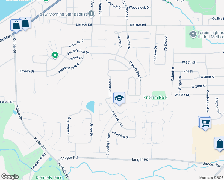 map of restaurants, bars, coffee shops, grocery stores, and more near 3761 Freedom Place in Lorain