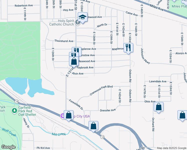 map of restaurants, bars, coffee shops, grocery stores, and more near 13518 Alvin Avenue in Garfield Heights