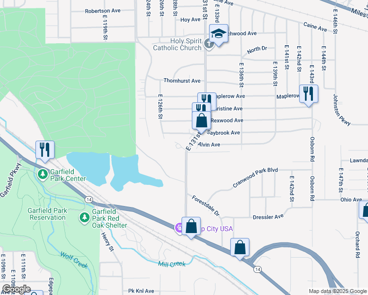 map of restaurants, bars, coffee shops, grocery stores, and more near 4604 East 131st Street in Garfield Heights