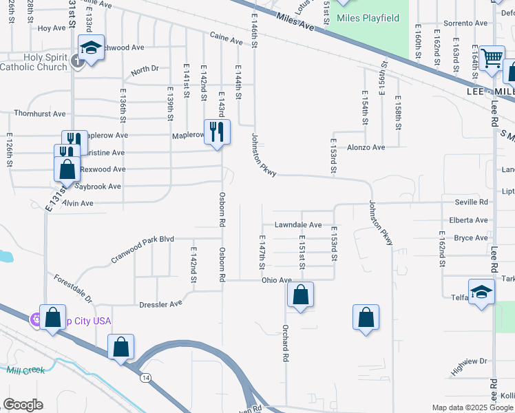 map of restaurants, bars, coffee shops, grocery stores, and more near 4582 East 147th Street in Cleveland