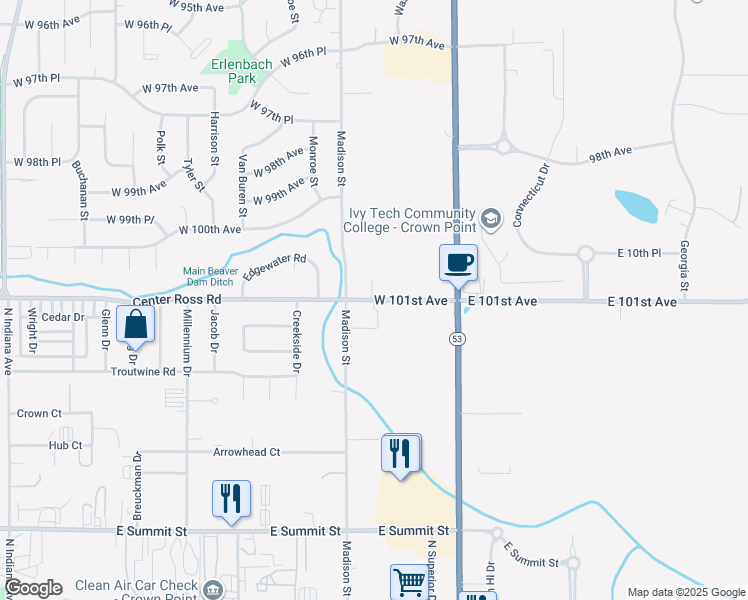 map of restaurants, bars, coffee shops, grocery stores, and more near 305 West 101st Avenue in Crown Point