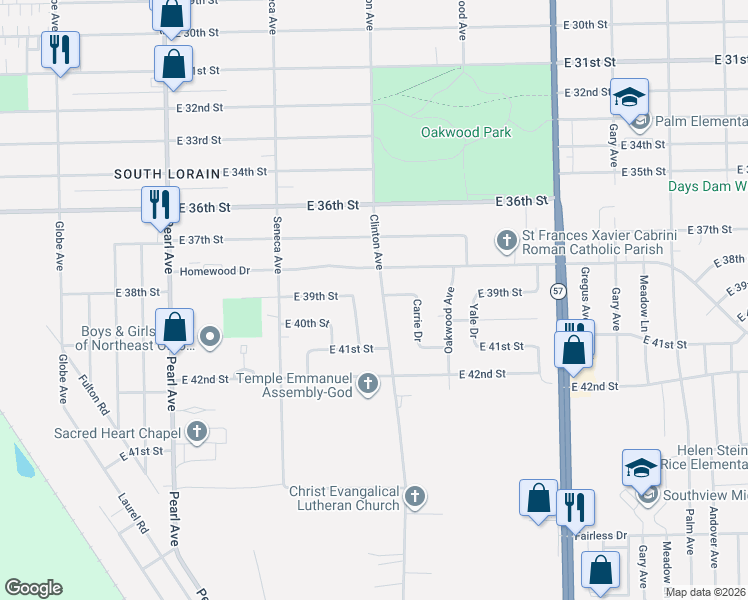 map of restaurants, bars, coffee shops, grocery stores, and more near 3917 Caferro Drive in Lorain