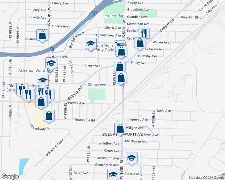 map of restaurants, bars, coffee shops, grocery stores, and more near 13160 Puritas Avenue in Cleveland