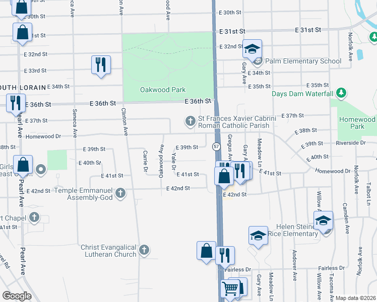 map of restaurants, bars, coffee shops, grocery stores, and more near 2135 East 40th Street in Lorain