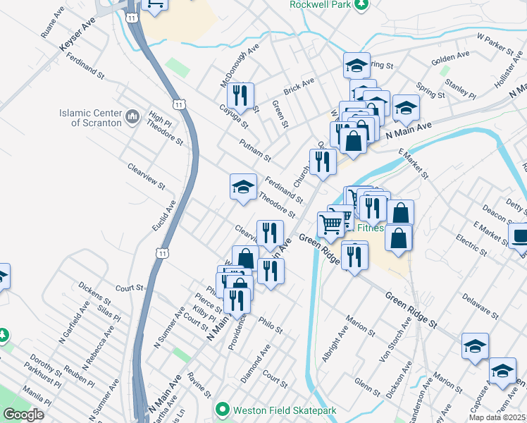 map of restaurants, bars, coffee shops, grocery stores, and more near 1539 North Main Pilot Agreeme in Scranton