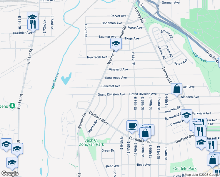 map of restaurants, bars, coffee shops, grocery stores, and more near 8201 Grand Division Avenue in Cleveland