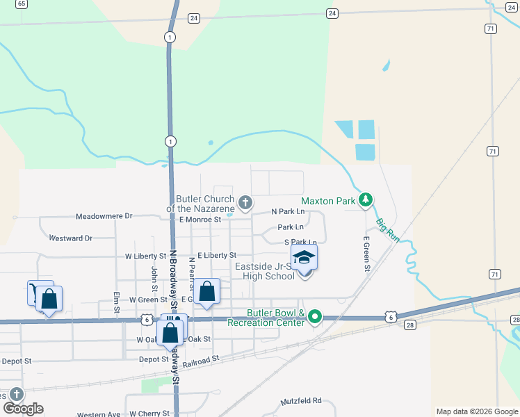 map of restaurants, bars, coffee shops, grocery stores, and more near 300-340 N Park Ln in Butler