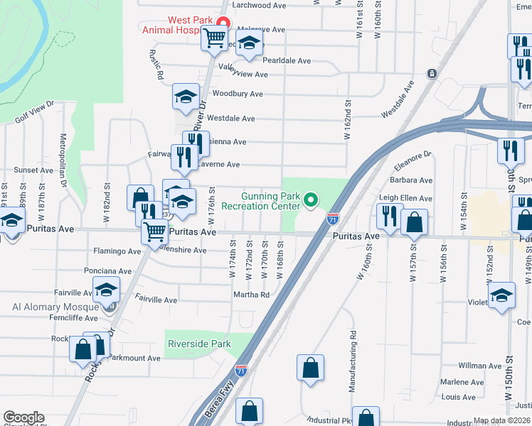 map of restaurants, bars, coffee shops, grocery stores, and more near 4423 West 171st Street in Cleveland