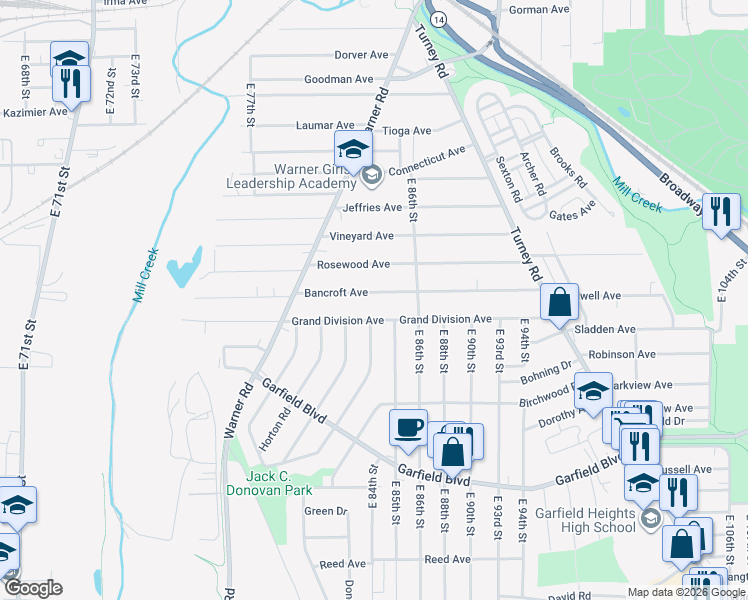 map of restaurants, bars, coffee shops, grocery stores, and more near 8313 Grand Division Avenue in Cleveland