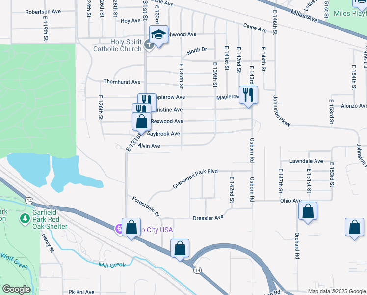 map of restaurants, bars, coffee shops, grocery stores, and more near 13518 Alvin Avenue in Garfield Heights