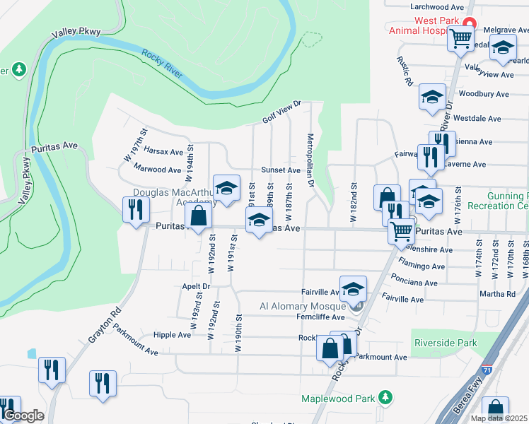 map of restaurants, bars, coffee shops, grocery stores, and more near 18902 Puritas Avenue in Cleveland
