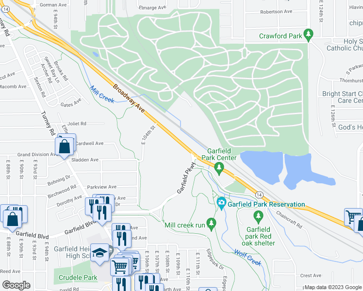 map of restaurants, bars, coffee shops, grocery stores, and more near 11350 Broadway Avenue in Cleveland