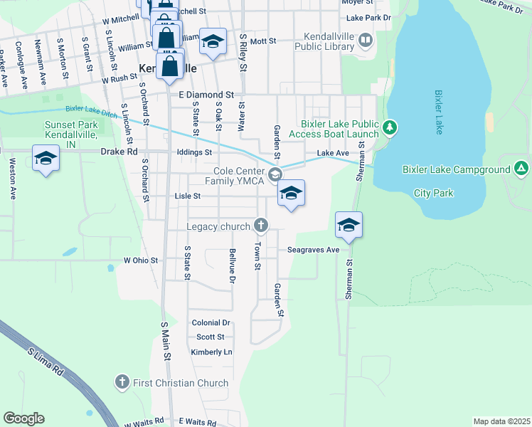 map of restaurants, bars, coffee shops, grocery stores, and more near 901 Garden Street in Kendallville
