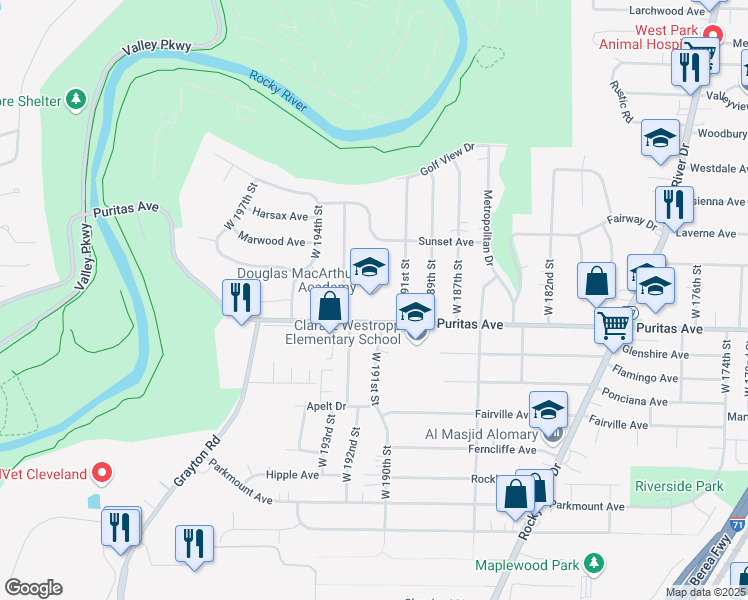 map of restaurants, bars, coffee shops, grocery stores, and more near 4401 Valleyside Road in Cleveland