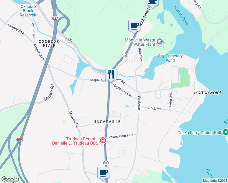 map of restaurants, bars, coffee shops, grocery stores, and more near 281 Connecticut 32 in Montville