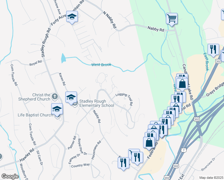 map of restaurants, bars, coffee shops, grocery stores, and more near 5004 Hancock Drive in Danbury