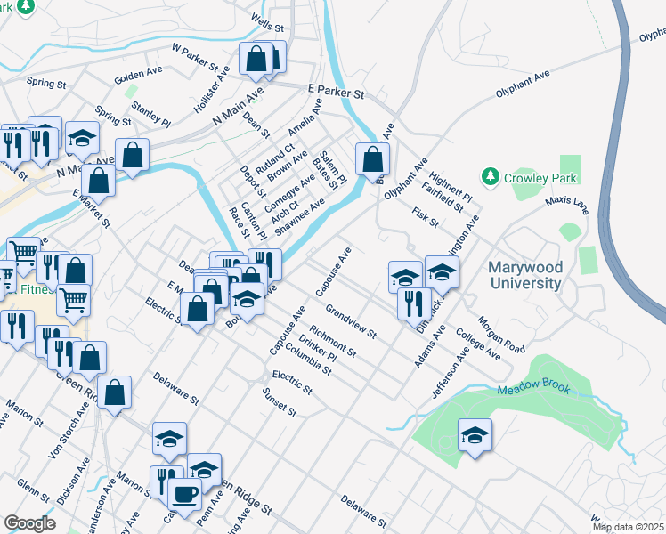 map of restaurants, bars, coffee shops, grocery stores, and more near 903 Woodlawn Street in Scranton