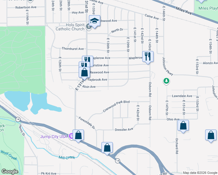 map of restaurants, bars, coffee shops, grocery stores, and more near 13518 Alvin Avenue in Garfield Heights