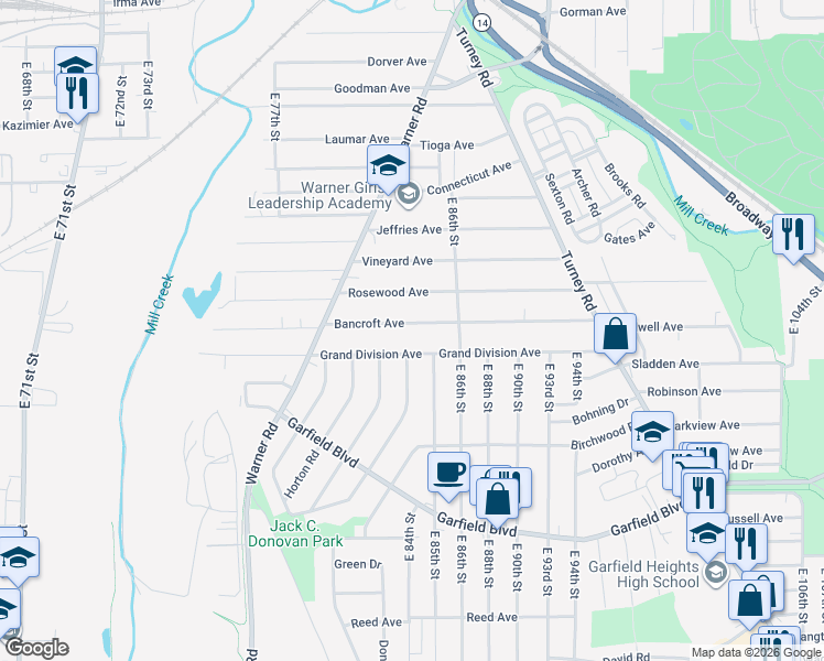 map of restaurants, bars, coffee shops, grocery stores, and more near 8313 Grand Division Avenue in Cleveland