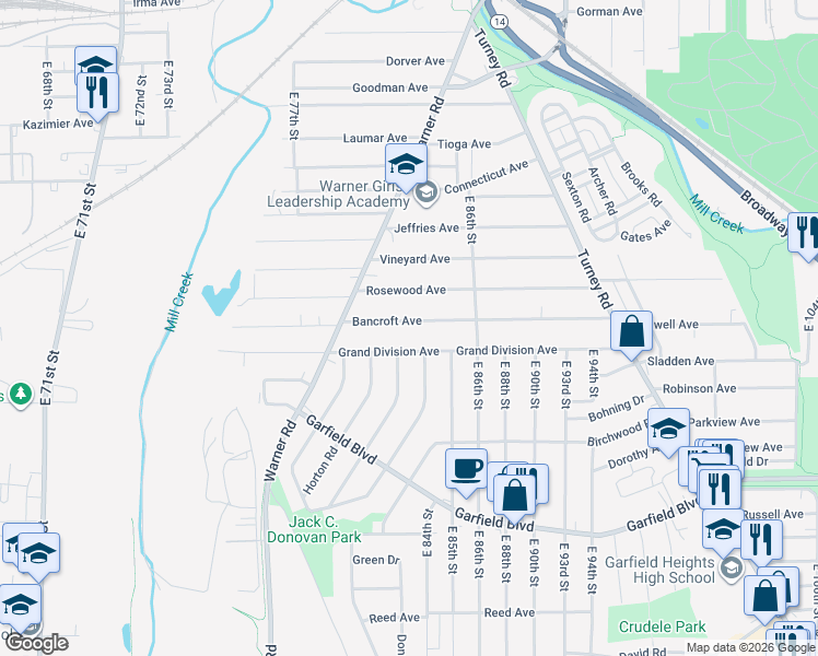map of restaurants, bars, coffee shops, grocery stores, and more near 8313 Grand Division Avenue in Cleveland