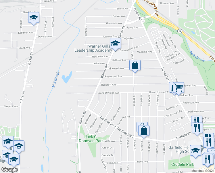map of restaurants, bars, coffee shops, grocery stores, and more near 8201 Grand Division Avenue in Cleveland