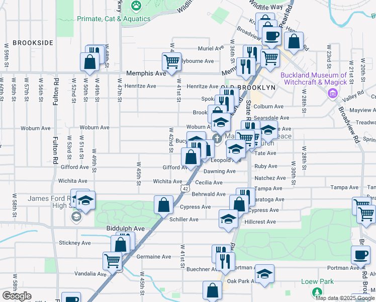 map of restaurants, bars, coffee shops, grocery stores, and more near 4025 Ardmore Avenue in Cleveland