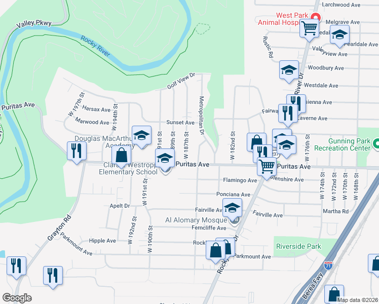 map of restaurants, bars, coffee shops, grocery stores, and more near 18606 Puritas Avenue in Cleveland