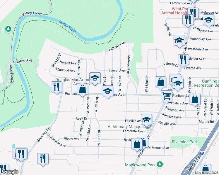 map of restaurants, bars, coffee shops, grocery stores, and more near 18902 Puritas Avenue in Cleveland