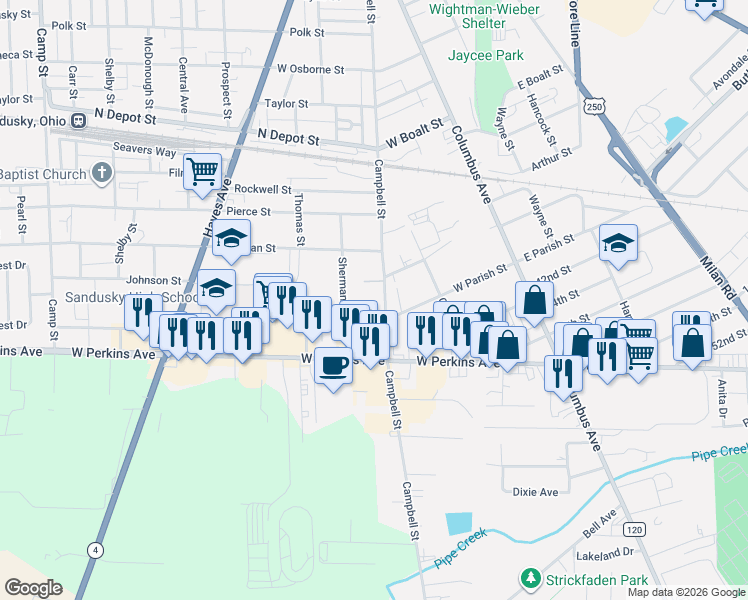 map of restaurants, bars, coffee shops, grocery stores, and more near 2129 Campbell Street in Sandusky