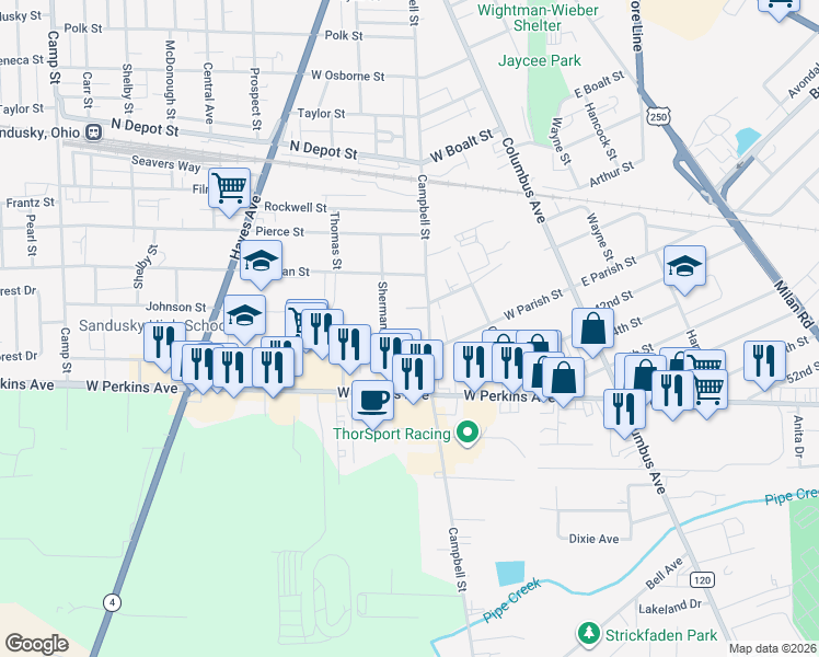 map of restaurants, bars, coffee shops, grocery stores, and more near 739 West Park Street in Sandusky