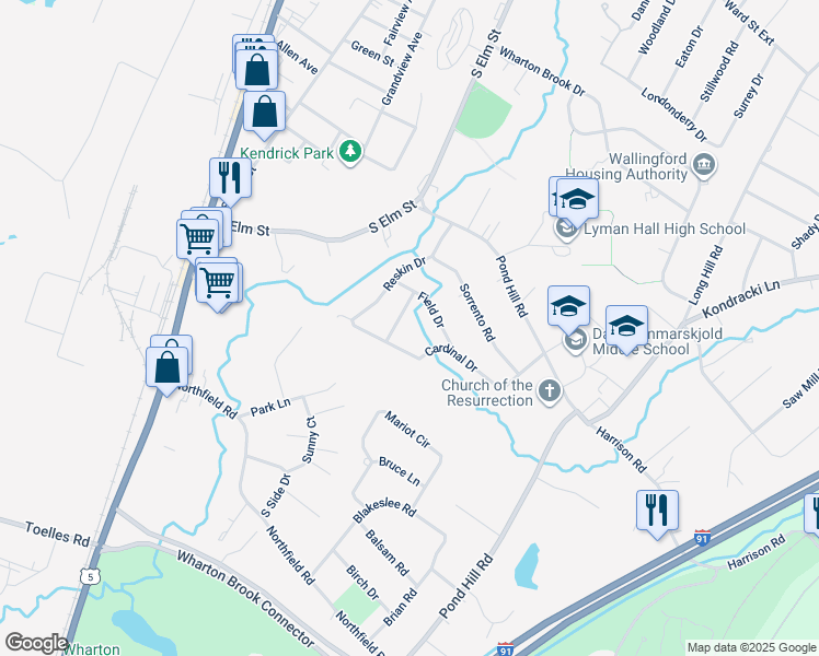 map of restaurants, bars, coffee shops, grocery stores, and more near 15 Cardinal Drive in Wallingford