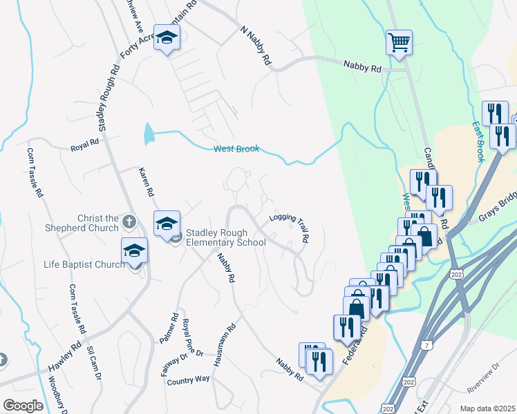 map of restaurants, bars, coffee shops, grocery stores, and more near 1002 Pinnacle Way in Danbury