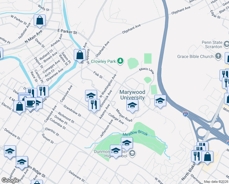 map of restaurants, bars, coffee shops, grocery stores, and more near 2311 Adams Avenue in Scranton